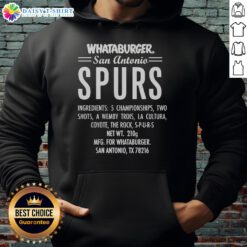 Alt Text: Whataburger San Antonio Spurs hoodie featuring 5 championships, Wemby Trois design, and vibrant cultural artwork.