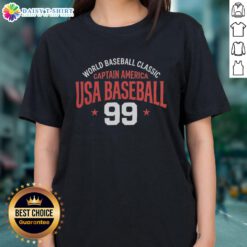 Ladies tee featuring Captain America design for the USA Baseball 99, perfect for World Baseball Classic fans.