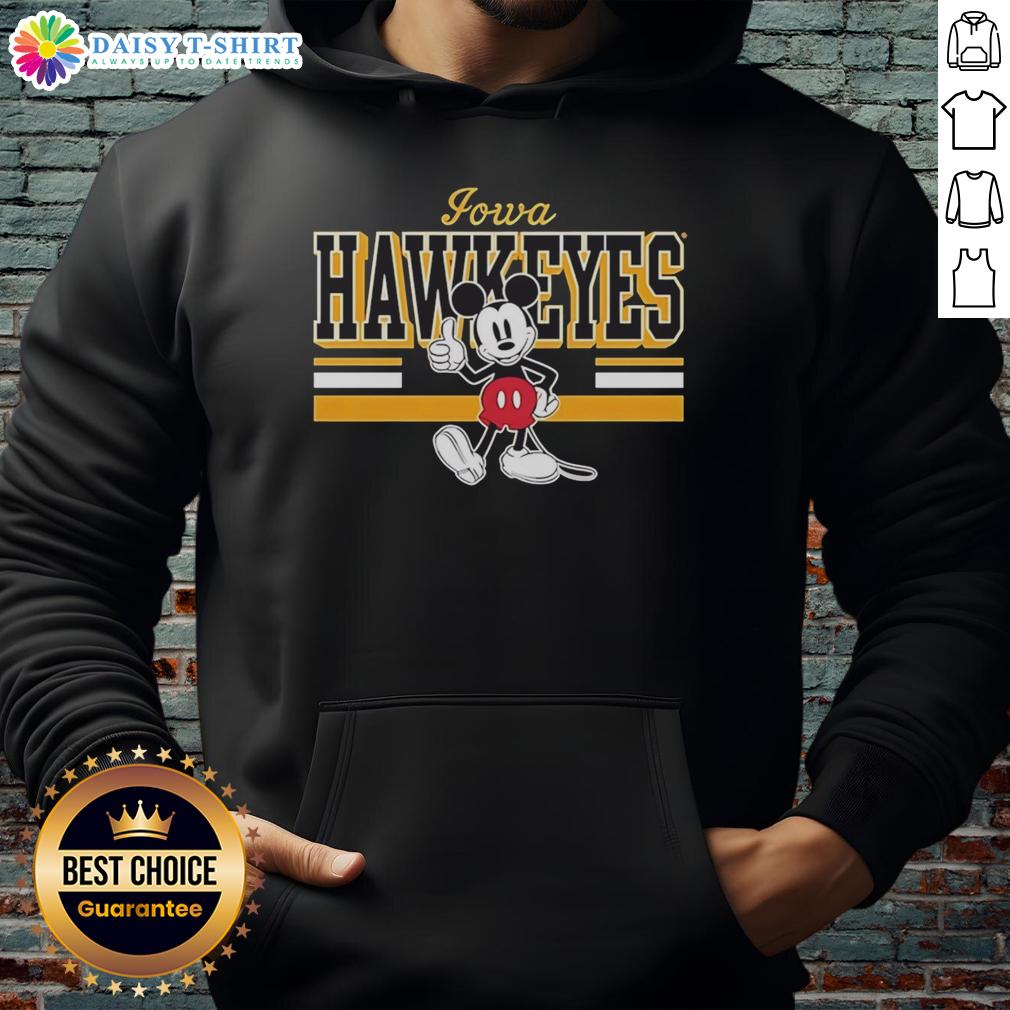 Alt Text: Official Iowa Hawkeyes Mickey Mouse hoodie featuring vibrant team colors and a playful design for fans.