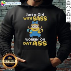 Official Minion weightlifting hoodie featuring 'Just a Girl with Sass' design, perfect for fitness enthusiasts and fans.