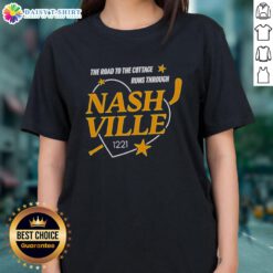 Official Nashville Predators 'The Road to the Cottage Runs Through' ladies tee, featuring team colors and logo design.