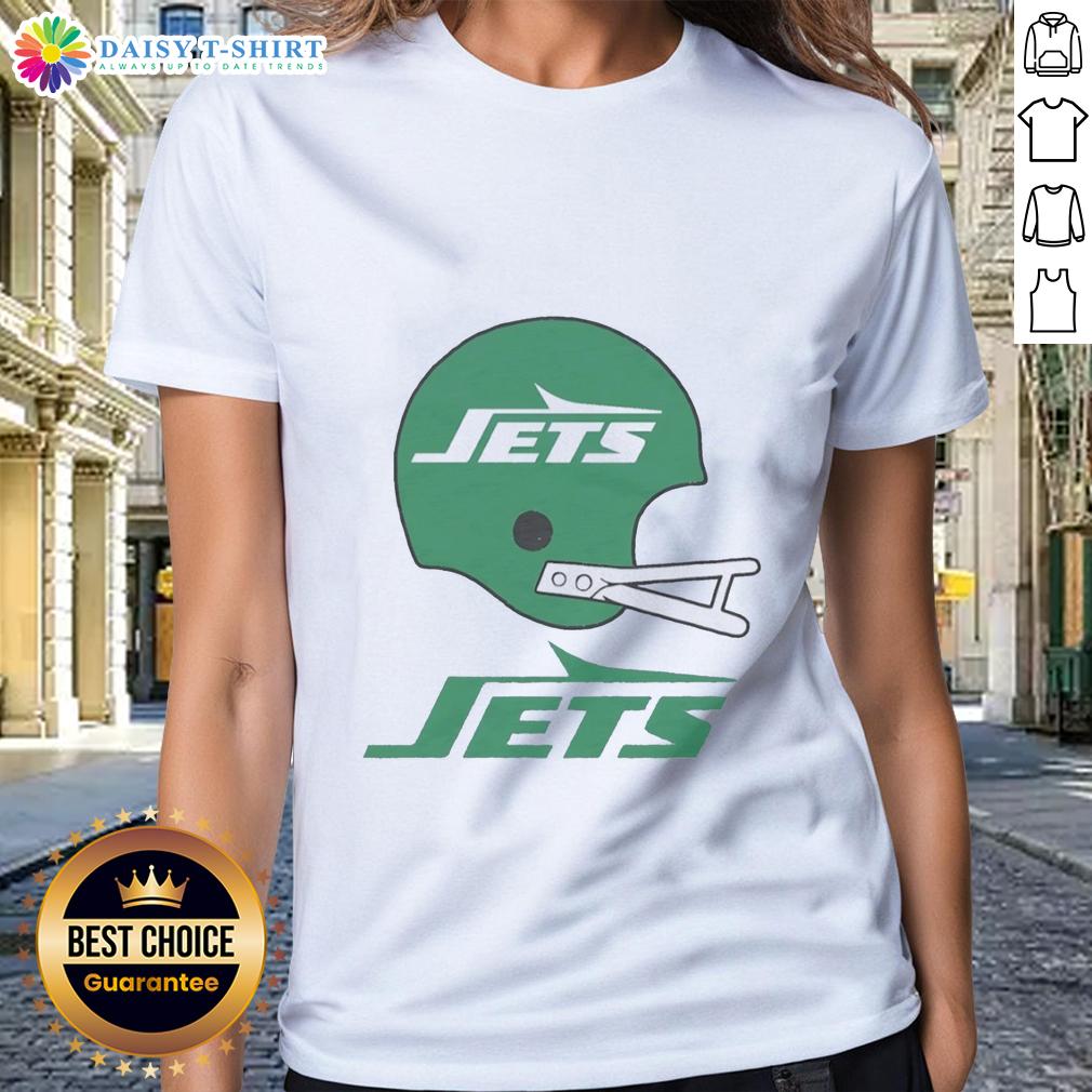 Official New York Jets football logo on a big helmet graphic for ladies tee, perfect for fans and game day wear.
