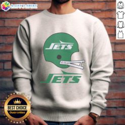Alt Text: Official New York Jets football logo featured on a stylish big helmet sweatshirt for fans and supporters.