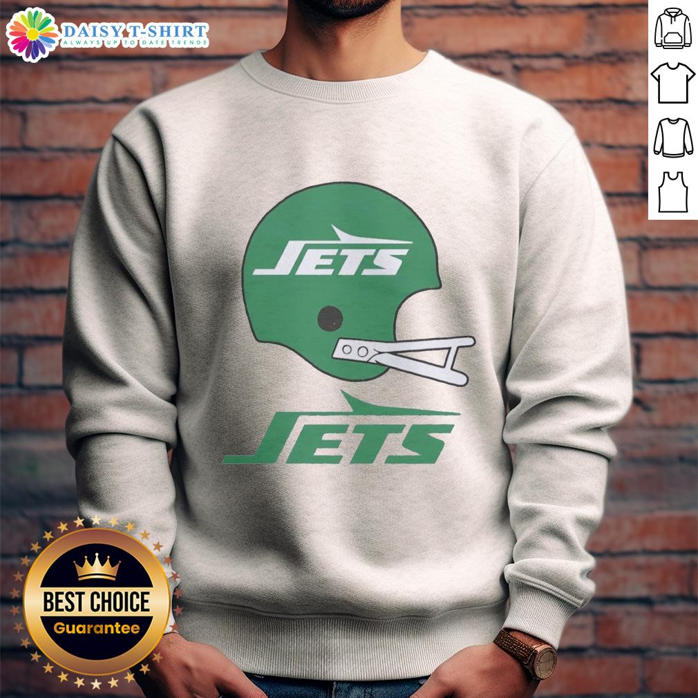 Alt Text: Official New York Jets football logo featured on a stylish big helmet sweatshirt for fans and supporters.