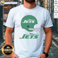 Alt Text: Official New York Jets football logo displayed on a stylish big helmet t-shirt for fans and collectors.