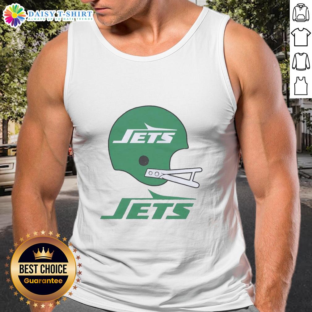 Alt Text: Official New York Jets football logo on a big helmet tank top design, perfect for fans and summer wear.