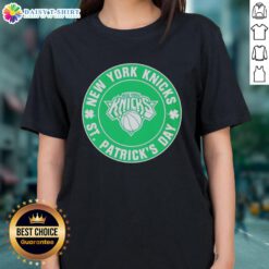Alt Text: Official New York Knicks St. Patrick's Day shamrock green ladies tee featuring team logo and festive design.