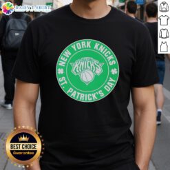 Official New York Knicks St. Patrick's Day shamrock green t-shirt featuring team logo and festive design.