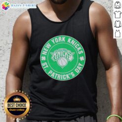 Official New York Knicks St. Patrick's Day shamrock green tank top featuring logo and festive design.