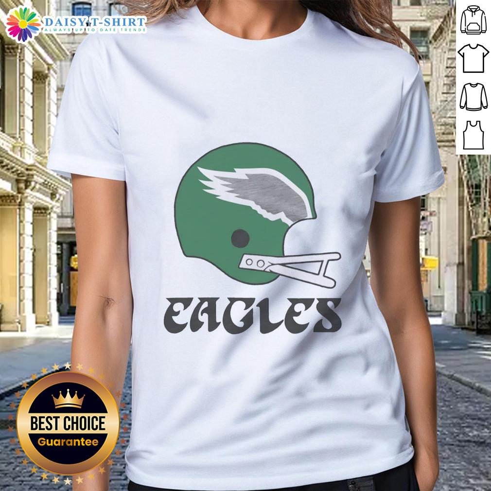 Alt Text: Official Philadelphia Eagles football logo on a big helmet design for ladies' tee shirt, perfect for fans.