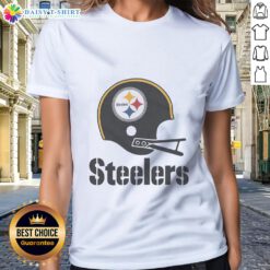 Alt Text: Official Pittsburgh Steelers football logo on a big helmet design for ladies' tee, perfect for fans and casual wear.