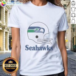 Official Seattle Seahawks football logo on a big helmet graphic featured on a ladies' tee shirt design.