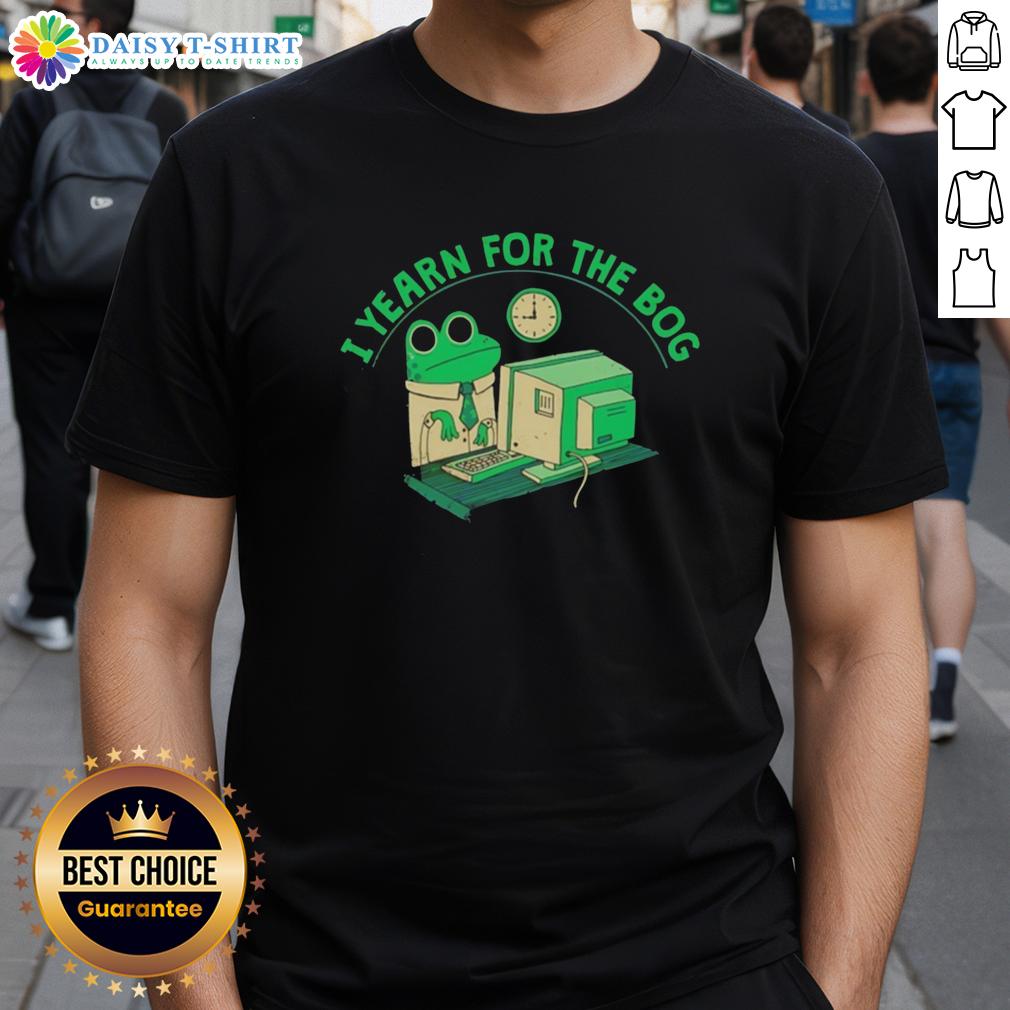 Alt Text: Original Frog I Yearn For The Bog T-Shirt featuring a whimsical frog design on a colorful background.