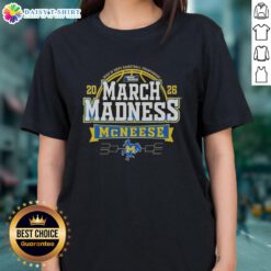 Original McNeese State Cowboys 2026 Men's Basketball March Madness ladies tee featuring team colors and logo.