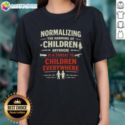 Original tee featuring the phrase 'The Harming of Children Anywhere is a Threat to Children Everywhere' for awareness.