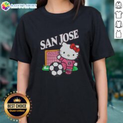 Alt Text: Pretty San Jose Earthquakes x Hello Kitty Night 2026 celebration ladies tee featuring vibrant graphics and playful design.