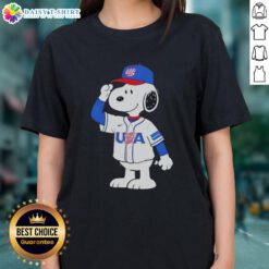 Pretty Snoopy USA Baseball Jersey Salute graphic on a stylish ladies tee, perfect for baseball fans and casual wear.