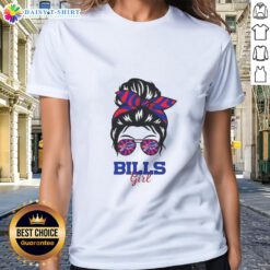 Buffalo Bills girl in a messy bun and glasses wearing a stylish ladies tee, showcasing team spirit and casual style.