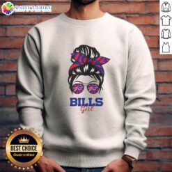 Buffalo Bills girl with messy bun and glasses wearing a cozy sweatshirt, showcasing team spirit and style.