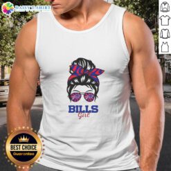 Top Buffalo Bills girl in a messy bun and glasses, wearing a stylish tank top, showcasing team spirit at a game.