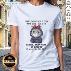 Womens tee featuring a playful design with dolls like Barbie and Annabelle, perfect for fashion-forward fans.