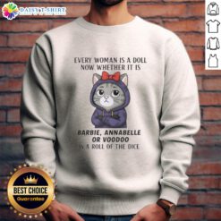 Top Cat sweatshirt featuring dolls like Barbie, Annabelle, and Voodoo, showcasing a playful and unique fashion statement.