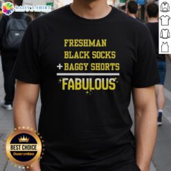 Top Freshman in black socks, baggy shorts, and a fabulous t-shirt, showcasing a trendy casual style for students.