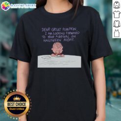 Great Pumpkin Charlie Brown Ladies Tee featuring the iconic 'Dear Great Pumpkin' graphic for Halloween lovers.