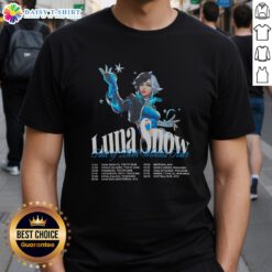 Alt Text: Top Luna Snow Fate Of Both Worlds Tour T-Shirt featuring vibrant graphics and tour dates, perfect for fans.