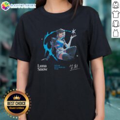 Top Marvel Rivals Luna Snow World Tour ladies tee featuring vibrant graphics of Luna Snow in action.