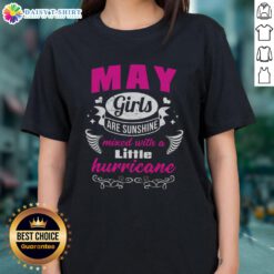 Alt Text: Top May Girls Are Sunshine Mixed With A Little Hurricane ladies tee in vibrant colors, perfect for casual spring fashion.