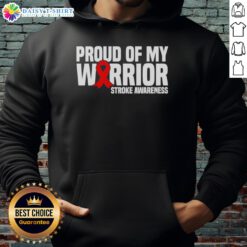 Alt Text: Top Proud Of My Warrior Red Ribbon Stroke Awareness Hoodie showcasing support for stroke awareness and survivors.