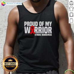 Top Proud of My Warrior Red Ribbon Stroke Awareness Tank Top, showcasing support for stroke awareness with a vibrant design.