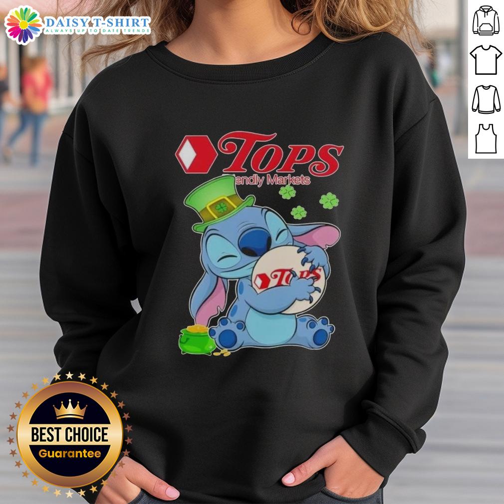 Alt Text: St. Patrick's Day sweatshirt featuring Top Stitch Hug Tops and Friendly Markets logo, perfect for festive celebrations.