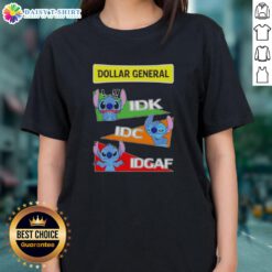 Top Stitch X Dollar General 'IDK IDC IDGAF' Ladies Tee in black, stylish graphic design for casual wear.