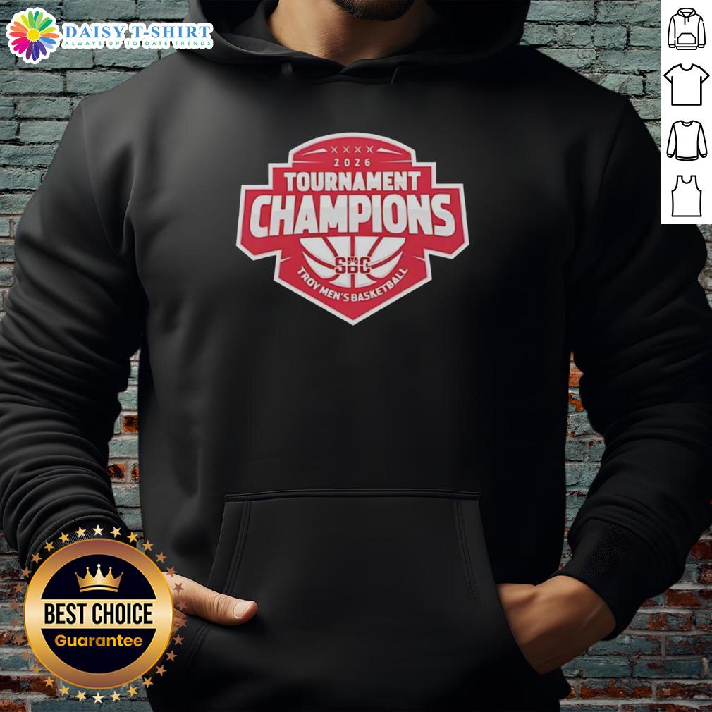 Top Troy Trojans 26 Sun Belt Conference Mens Basketball Tournament Champions hoodie in navy blue, celebrating victory.