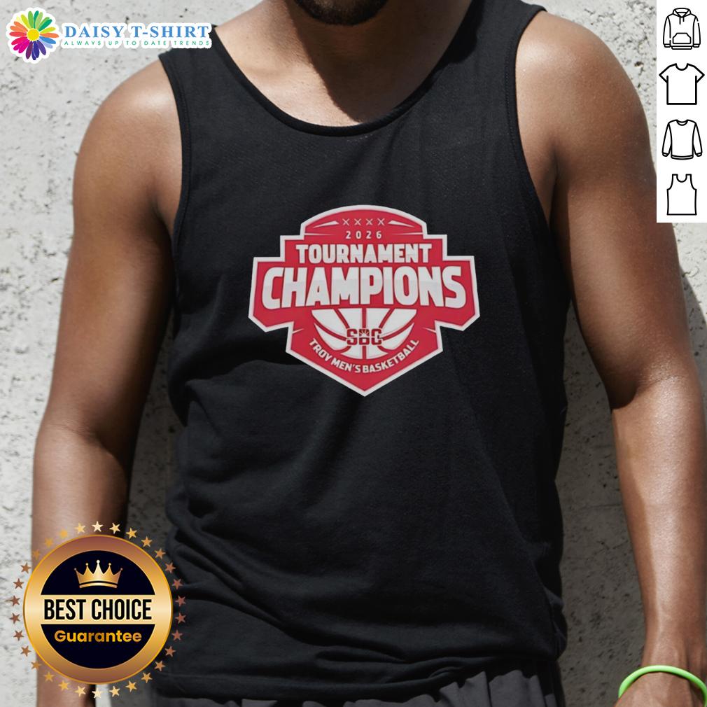 Top Troy Trojans tank top celebrating 2026 Sun Belt Conference Men's Basketball Tournament Champions.