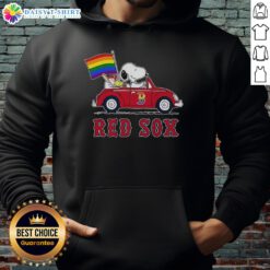 Boston Red Sox X Snoopy and Woodstock driving a car with a rainbow flag hoodie, vibrant and playful design.