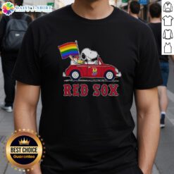 Boston Red Sox X Snoopy and Woodstock driving a car with a rainbow flag T-shirt design, perfect for fans and pride events.