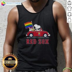 Boston Red Sox tank top featuring Snoopy and Woodstock driving a car with a rainbow flag design.