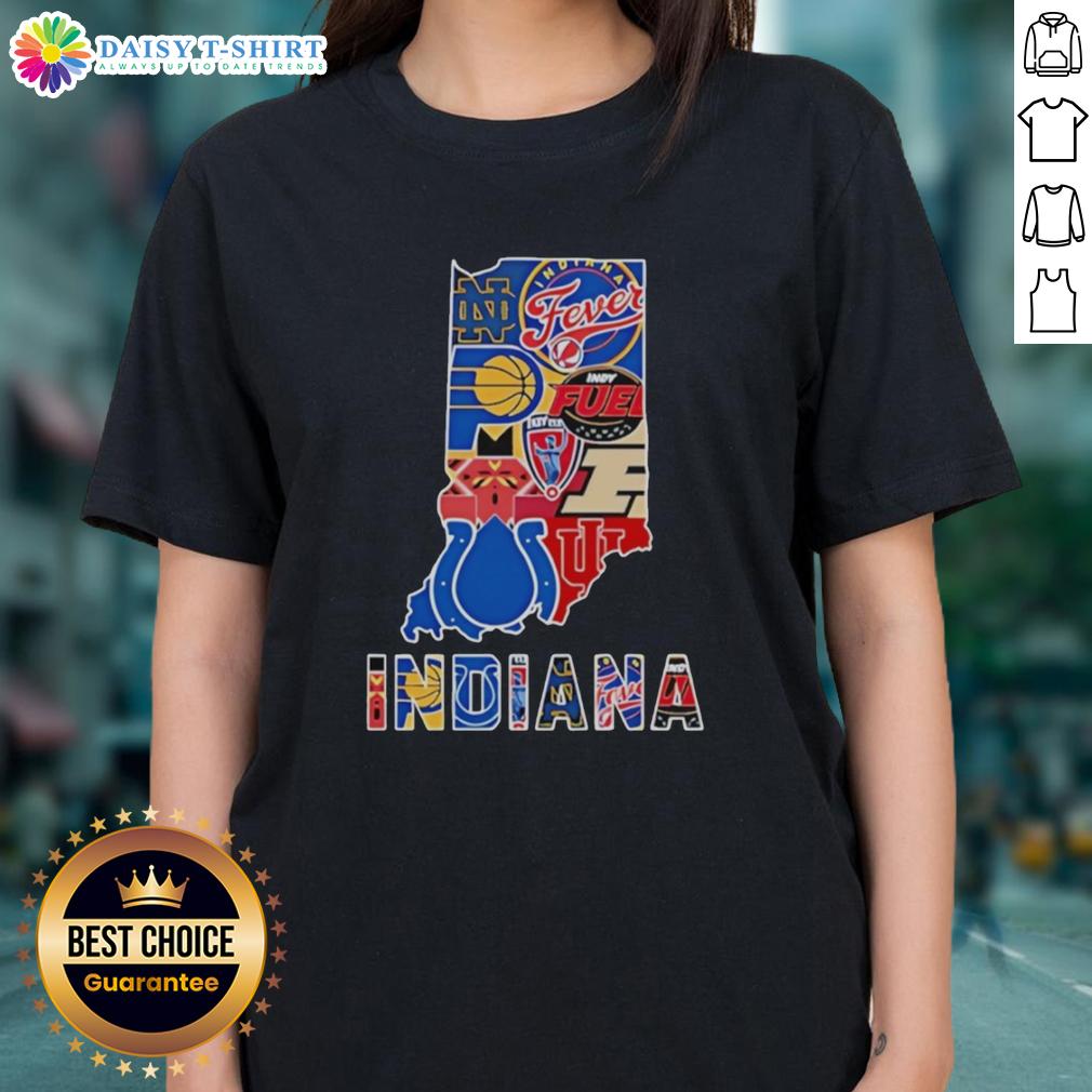 Awesome Indiana sports teams graphic on a women's tee, perfect for fans celebrating their favorite teams in style.