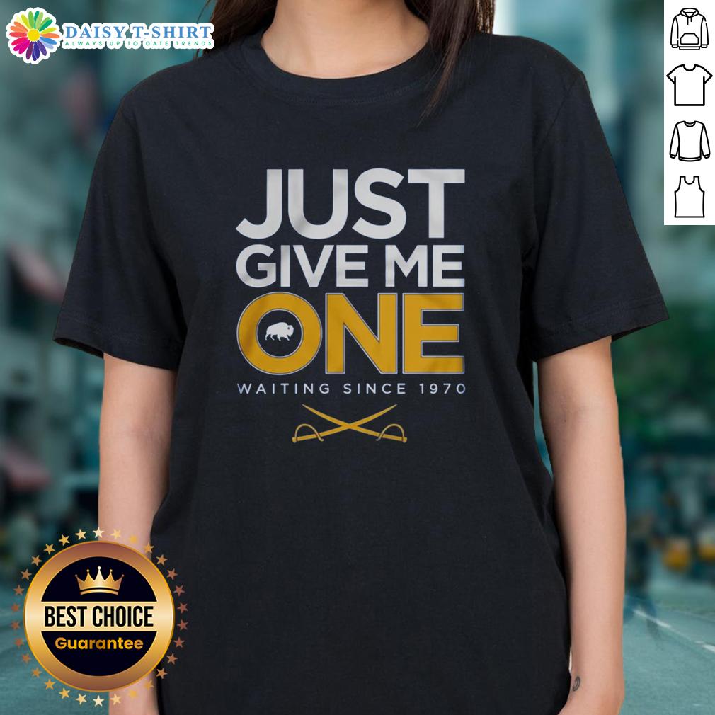 Awesome ladies tee featuring 'Just Give Me One Hockey' design, celebrating hockey fans since 1970.