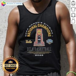 UCLA Bruins 2026 NCAA Women's Basketball National Champions trophy with Legends tank top, celebrating victory.