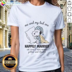 Cute graphic tee featuring Snoopy and the phrase about being happily married with kids Pillow and Blanket.