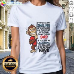 Good Monkey Tee: Smiling monkey graphic with text about mischief for ladies, perfect for playful casual wear.