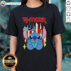Good Stitch Like TJ Maxx USA Flag Ladies Tee featuring a stylish design perfect for patriotic outfits.