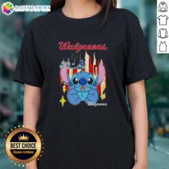 Good Stitch Like Walgreens USA Flag Ladies Tee showcasing patriotic design with vibrant colors and stylish fit.