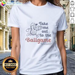 Funny ladies tee featuring 'Take Me Out to the Ballgame' with peanuts and crackerjacks design for baseball fans.