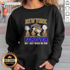 Alt Text: Hot Peanuts characters in MLB New York Knicks sweatshirt, 'Forever Not Just When We Win', perfect for fans.