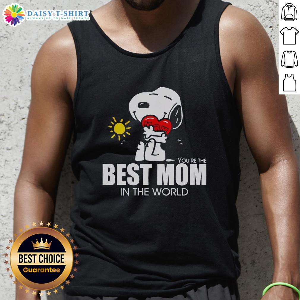 Hot Snoopy hugging a heart on a tank top that reads 'Best Mom in the World' - perfect gift for Mother's Day.